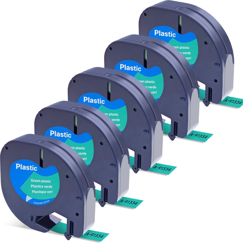 Label Orison Compatible with Dymo LetraTag Refill Green 91334 Plastic 12mm Label Tape for Dymo Label Maker Refills Letra Tag LT100H LT100T 200B QX50, Black on Green,1/2 Inch X 13Feet(12mmx4m), 5Pack - Image 1
